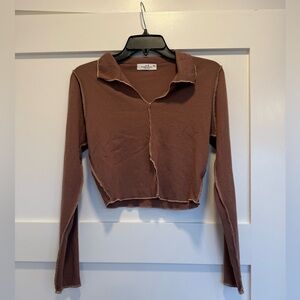 Ribbed Brown Crop Top with Collar